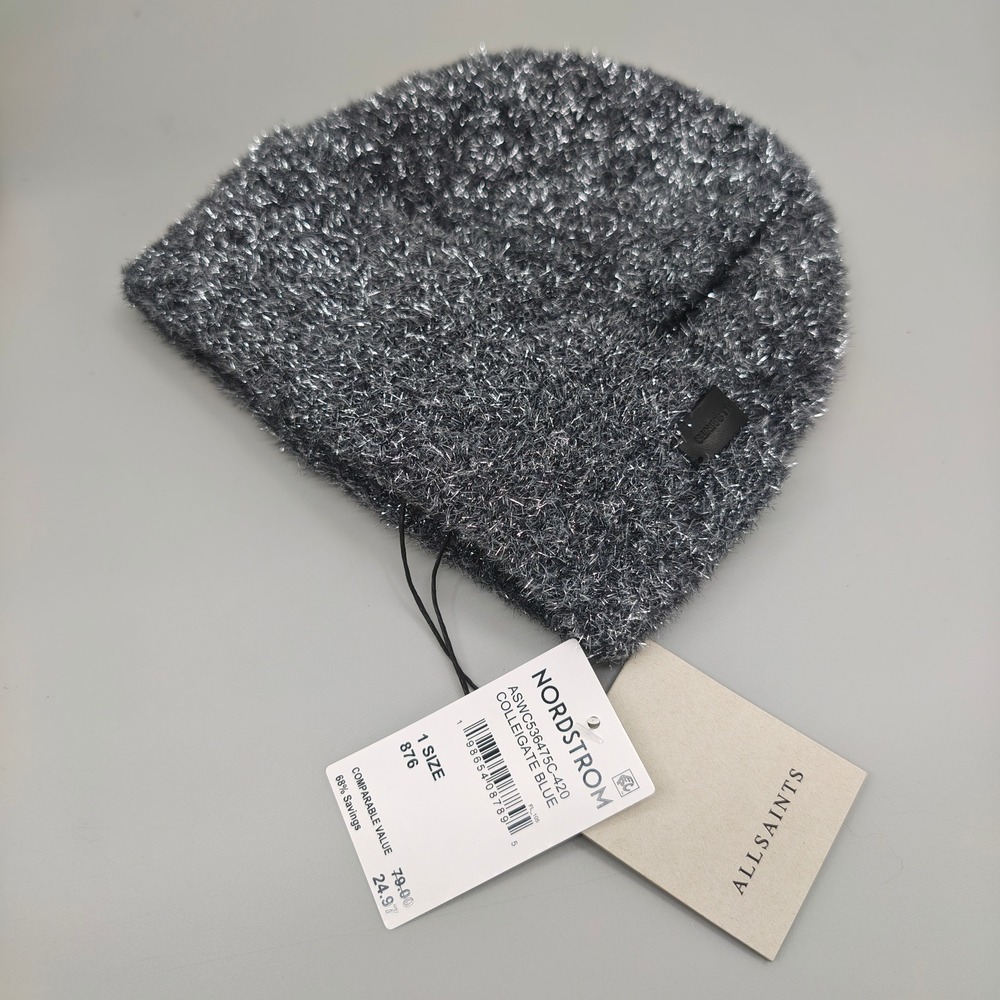 AllSaints Metallic Beanie Collegiate Blue Shimmer Knit Hat OS New With Tags
